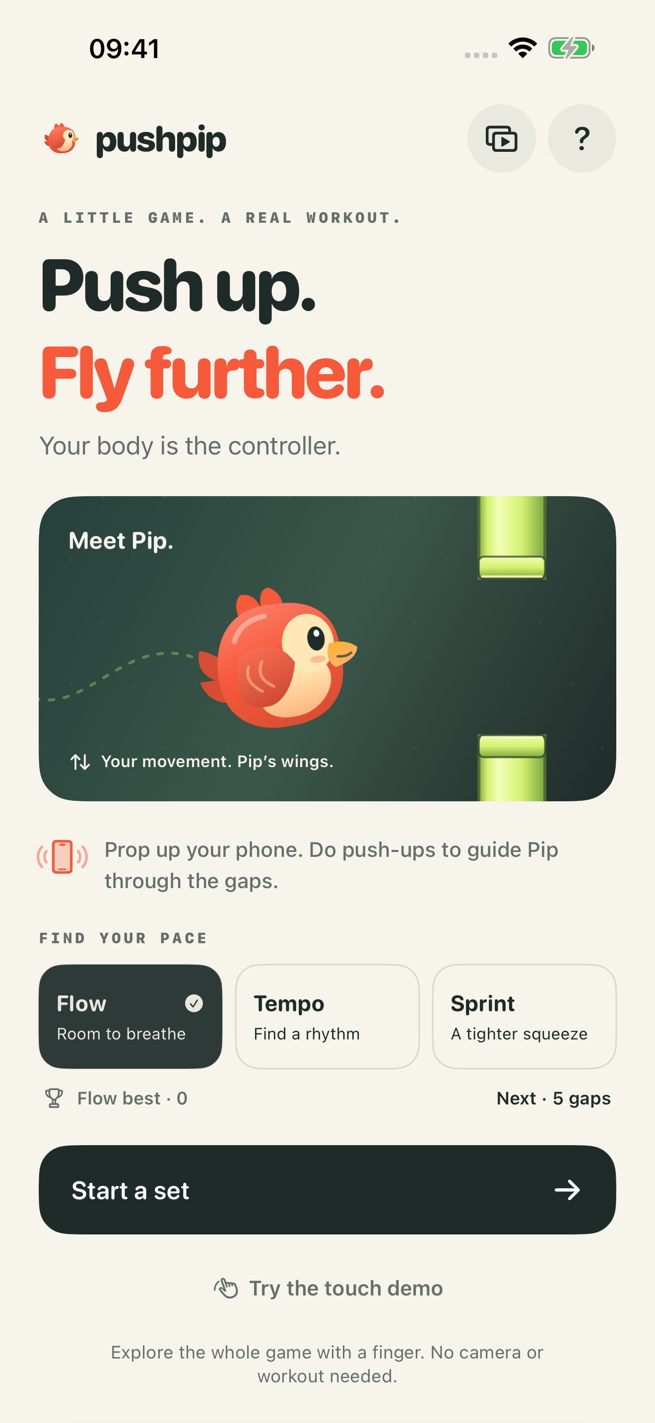 PushPip home screen showing Pip, Flow, Tempo and Sprint pace choices, and Start a set
