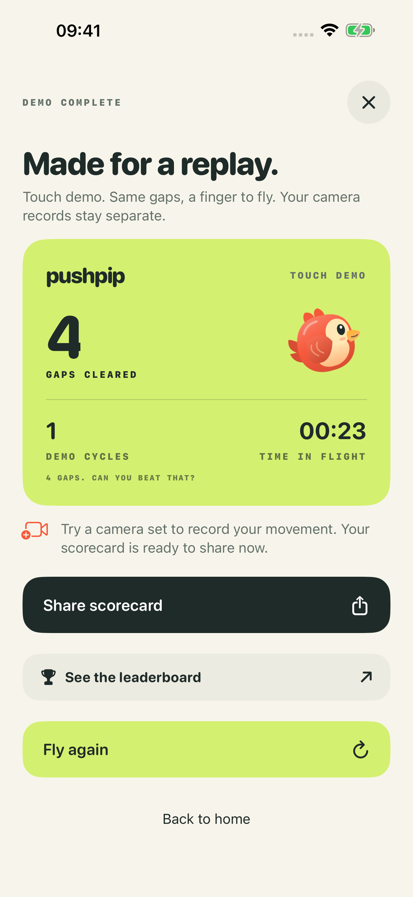 Actual PushPip touch demo results screen with a score and Share score action